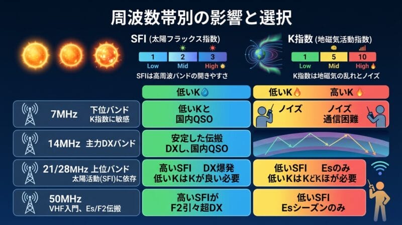周波数帯別（7MHz〜50MHz）の宇宙天気影響とバンド選択チャート