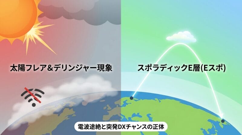 太陽フレアによるデリンジャー現象とスポラディックE層の比較図解