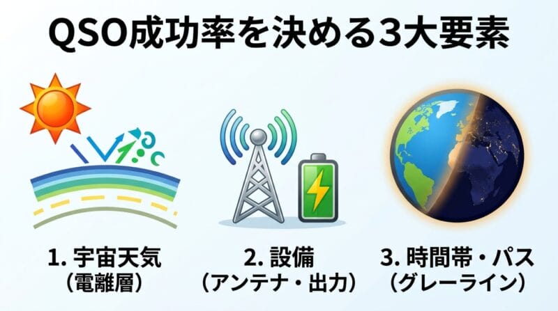 QSO成功率を左右する3要素(宇宙天気・設備・時間帯)のインフォグラフィック
