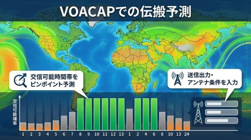 VOACAPを活用したDX伝搬予測と最適時間帯割り出しのイメージ図
