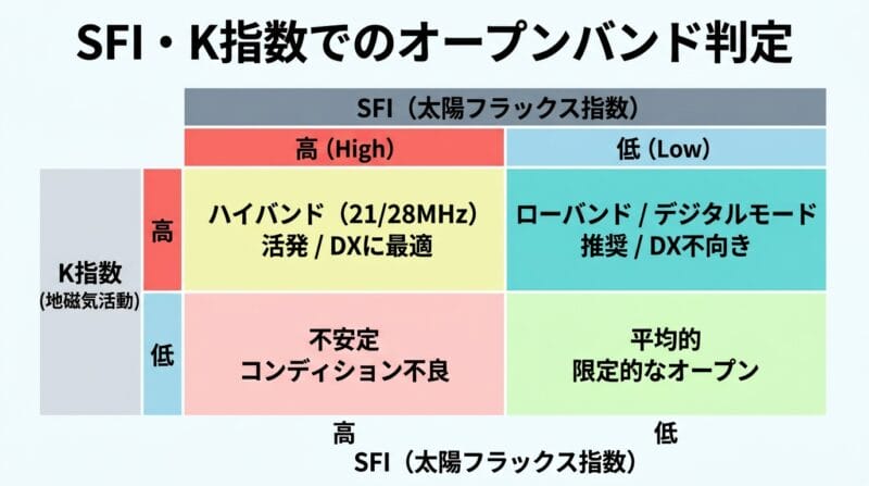 SFIとK指数のリアルタイムデータから送信バンドを判断するチャート図