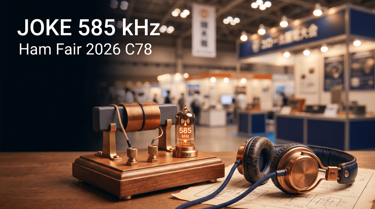 ハムフェア2026 C78で585kHzのJOKE局を無電源ラジオで受信するイメージ