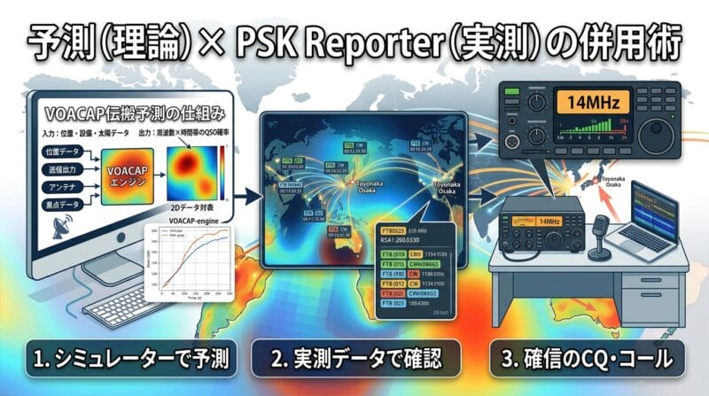 伝搬予測ツールとPSK Reporterの併用によるDX交信アプローチの図解