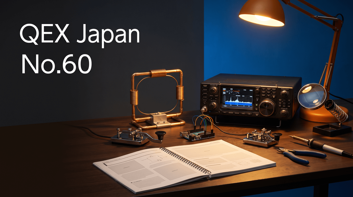 QEX Japan No.60の技術テーマを連想させるループアンテナ、無線機、CWキー、電子工作机のイメージ