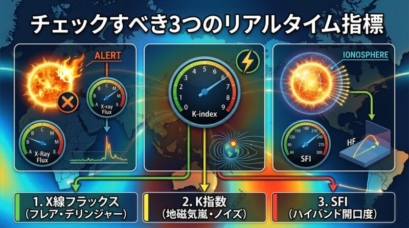 リアルタイム宇宙天気の3大指標（X線・K指数・SFI）の役割と関係性の図解