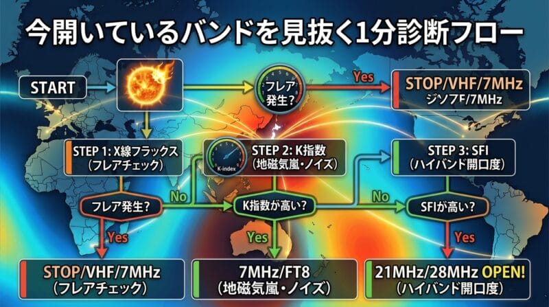 今開いているバンドを見抜く1分診断フローチャートのインフォグラフィック