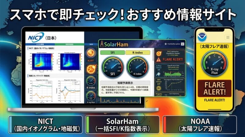 NICTやSolarHam等のリアルタイム宇宙天気Webサイト活用イメージ