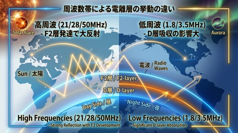周波数帯ごとの電離層(D層・F2層)での反射と吸収の比較図