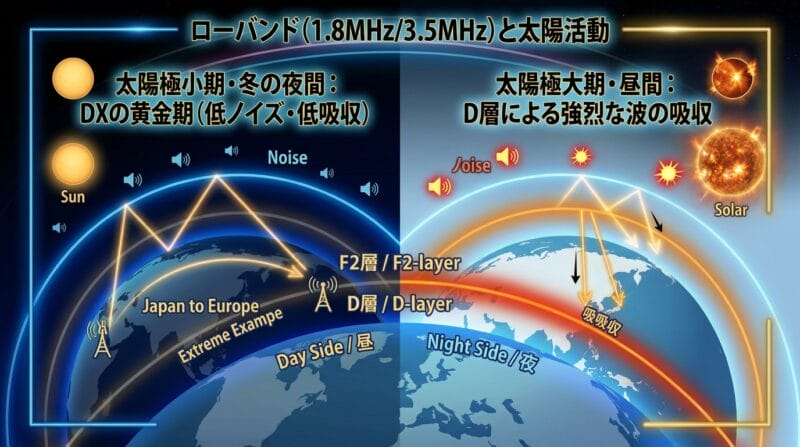 周波数帯ごとの電離層(D層・F2層)での反射と吸収の比較図