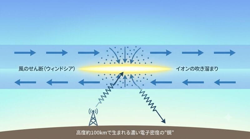 風のせん断(ウィンドシア)によるEスポ発生メカニズムの図解