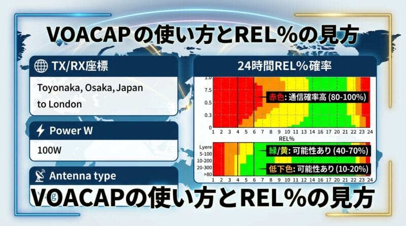 VOACAP Onlineの画面構成と通信信頼度REL%の読み方