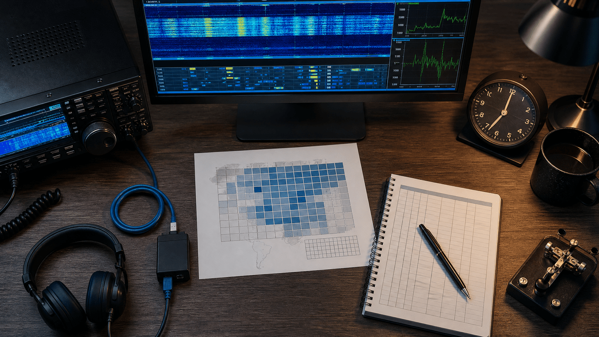 FT8とFT4のコンテスト運用に備えて時計、ログブック、グリッド情報を確認する無線机