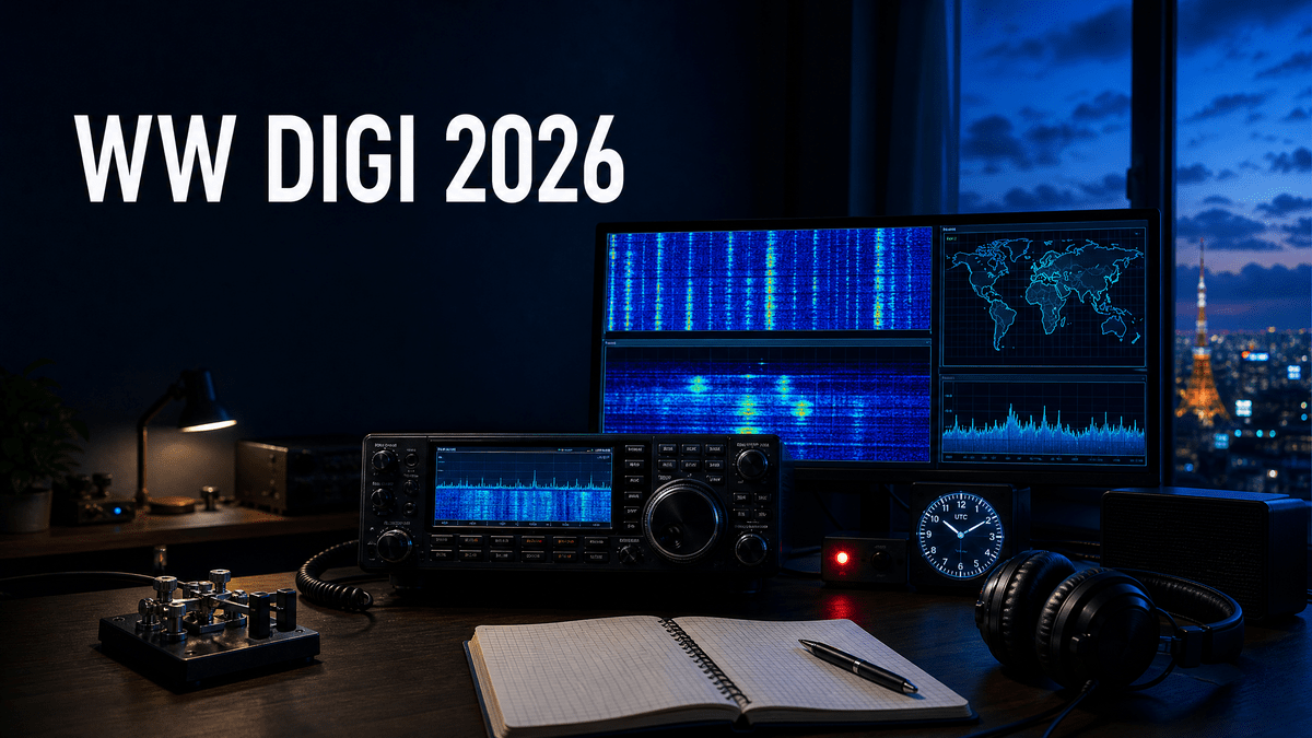 FT8とFT4のウォーターフォール表示を備えたアマチュア無線局とWW DIGI 2026のイメージ